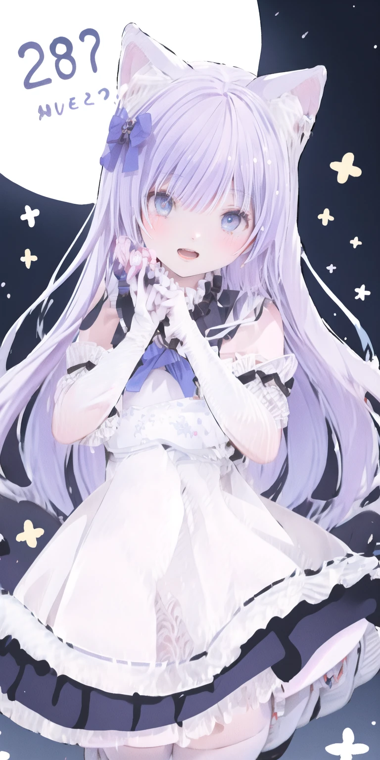 charming ,Long hair,Purple Hair，Close one eye，Smile，open mouth，Artifact Marker，A charming look,charming gesture，Sing，Big blue eyes,White Lolita,Pleated Skirt,Cat ears,Cat&#39;Tail,Beautiful gloves,Hair accessories,bow tie，Leg ring，White boots，whole body,stage，one person