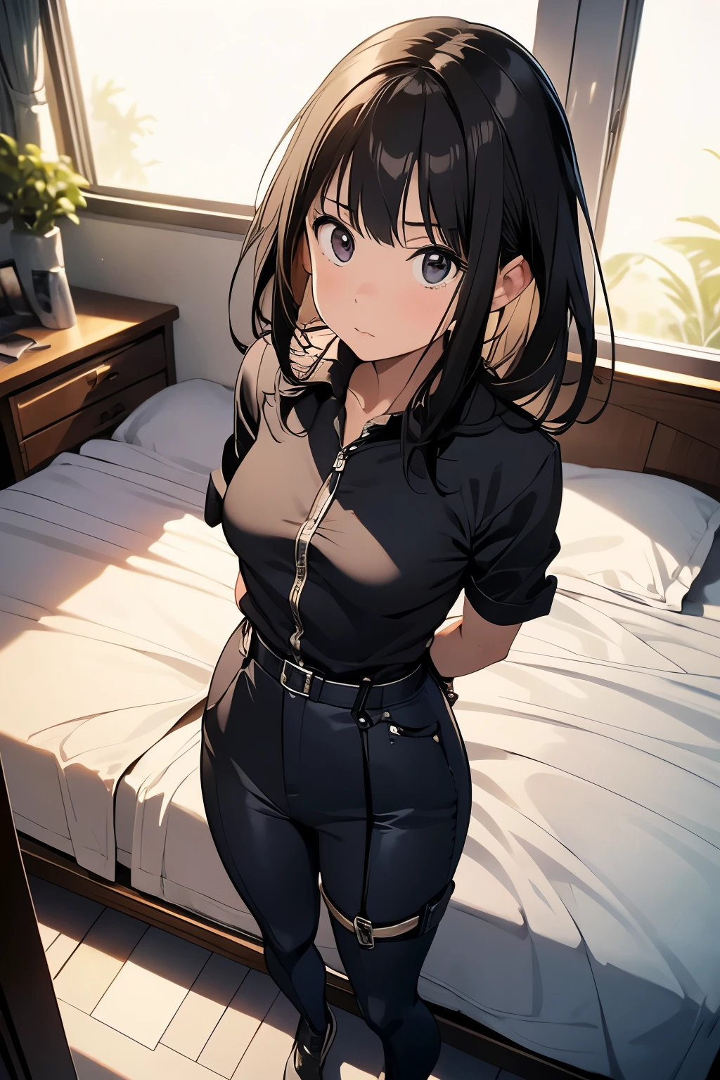 1 female, , high quality, masterpiece, Ultra-high resolution, , Cinema Lighting, , , And the suspenders with the cranes flying Moderate Small face holster Lying in bed Looking up Sweat belt summer 脇Sweat Black Hole Gloves suit shirt Black jacket Black trousers Leg Links ズボンにbelt holster Hands behind your back Anxious expression Looking up Anxious face, legs apart
