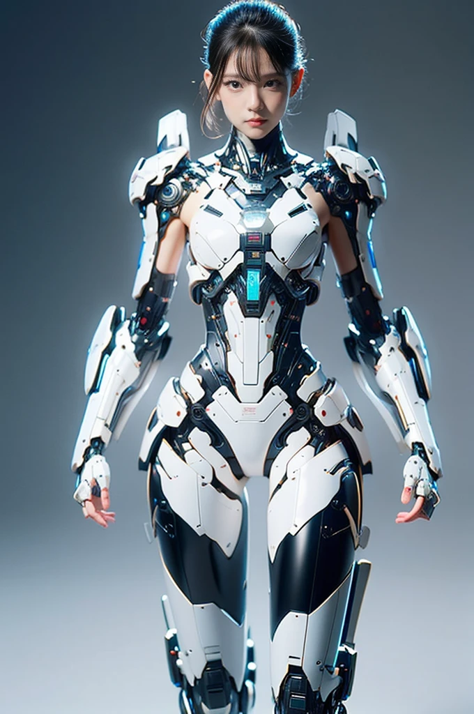 {{best quality, 1080P, Masterpiece, Ultra high resolution, photorealistic, ultra realism, Realistic skin texture, Extreme skin detail, dslr, Detailed eyes, Facing the camera, The face is very young and beautiful., blue eyes,Concise facial structure, Pale skin, Realistic skin texture, Extreme skin detail, oc render reflection textures, Realistic light and shadow, Single picture, alone, The body is slim and balanced., Height 170, naked girl, Nude, no underwear, A girl with the body of a mechanical robot., Transparent futuristic black glass mech armor suit, The mechanical cervix is attached to the neck., flat stomach, Woman with perfect robot arms and legs, You can see from the head down to the feet., full body view, Whole body photo.}}