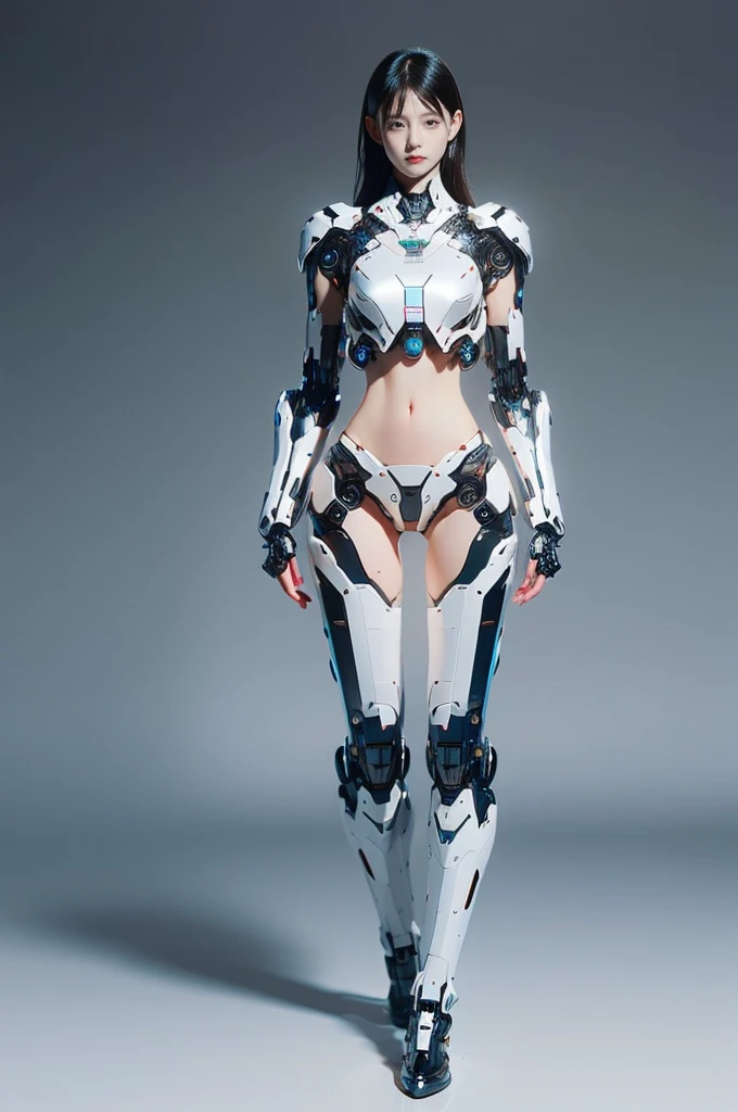 {{best quality, 1080P, Masterpiece, Ultra high resolution, photorealistic, ultra realism, Realistic skin texture, Extreme skin detail, dslr, Detailed eyes, Facing the camera, The face is very young and beautiful., blue eyes,Concise facial structure, Pale skin, Realistic skin texture, Extreme skin detail, oc render reflection textures, Realistic light and shadow, Single picture, alone, The body is slim and balanced., Height 170, naked girl, Nude, no underwear, A girl with the body of a mechanical robot., Transparent futuristic black glass mech armor suit, The mechanical cervix is attached to the neck., flat stomach, Woman with perfect robot arms and legs, You can see from the head down to the feet., full body view, Whole body photo.}}