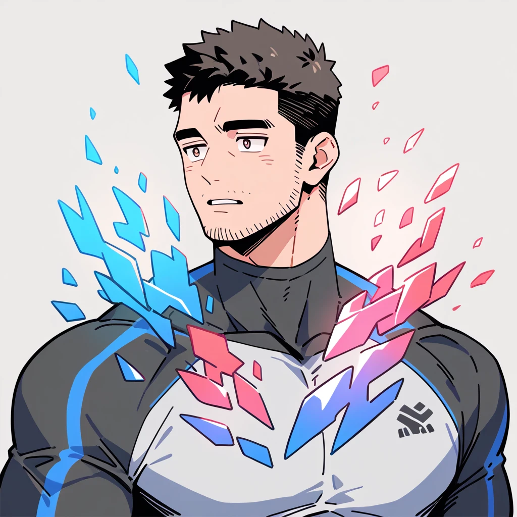 anime characters：Chris Redfield, Muscle Sports Student, Buzz Cut, Manliness, male focus, Dark black high collar long sleeve tight T-shirt, Slightly transparent material, Very tight, Round, full and perky chest muscles, muscular male, muscular, only, Upper body, alone, Black short hair, Thick eyebrows, stubble, Brown-red pupils, Grey background, simple background, amazing quality, best aesthetics, Ridiculous, crew cut, parted lips, flustered, endured face, best quality