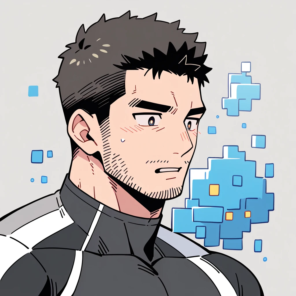 anime characters：Chris Redfield, Muscle Sports Student, Buzz Cut, Manliness, male focus, Dark black high collar long sleeve tight T-shirt, Slightly transparent material, Very tight, Round, full and perky chest muscles, muscular male, muscular, only, Upper body, alone, Black short hair, Thick eyebrows, stubble, Brown-red pupils, Grey background, simple background, amazing quality, best aesthetics, Ridiculous, crew cut, parted lips, flustered, endured face, best quality