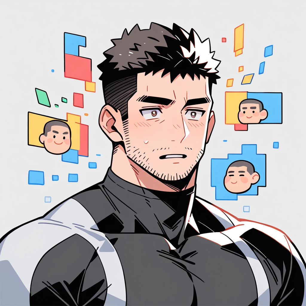 anime characters:Chris Redfield, Muscle Sports Student, Buzz Cut, Manliness, male focus, Dark black high collar long sleeve tight T-shirt, Slightly transparent material, Very tight, Round, full and perky chest muscles, muscular male, muscular, only, Upper body, alone, Black short hair, Thick eyebrows, stubble, Brown-red pupils, Grey background, simple background, amazing quality, best aesthetics, Ridiculous, crew cut, parted lips, flustered, endured face, best quality