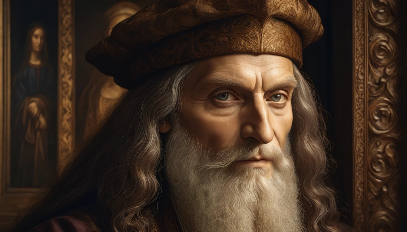 A detailed portrait of Leonardo da Vinci,extremely detailed face and eyes,intricate renaissance-style clothing,in a renaissance setting with tomes and paintings,elegant posture,chiaroscuro lighting,cinematic composition,muted color palette,masterpiece,photorealistic,8k