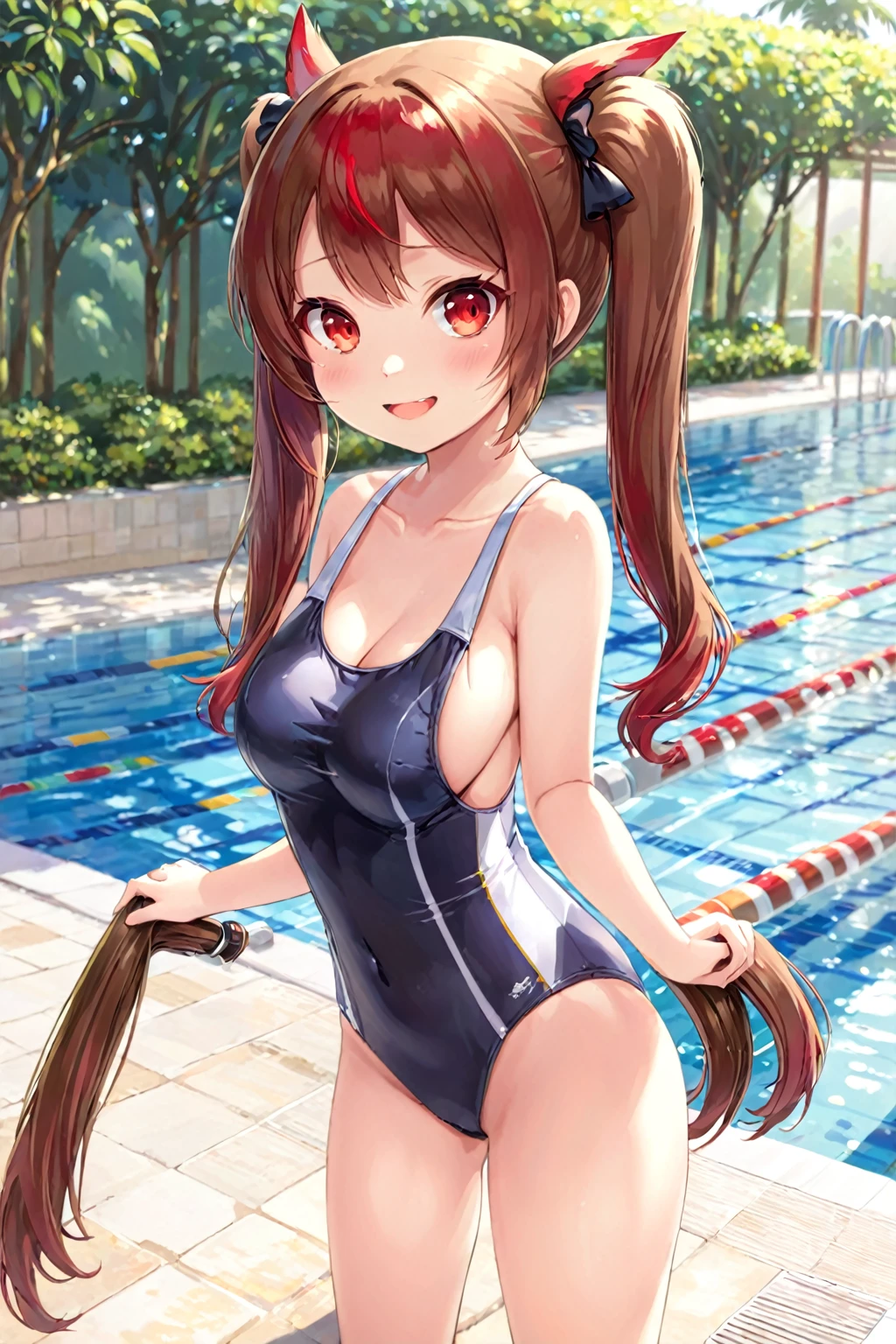 Pussy、School Swimsuit,Brown twin tail hair,Red eyes,Medium chest,A light smile,Poolside,