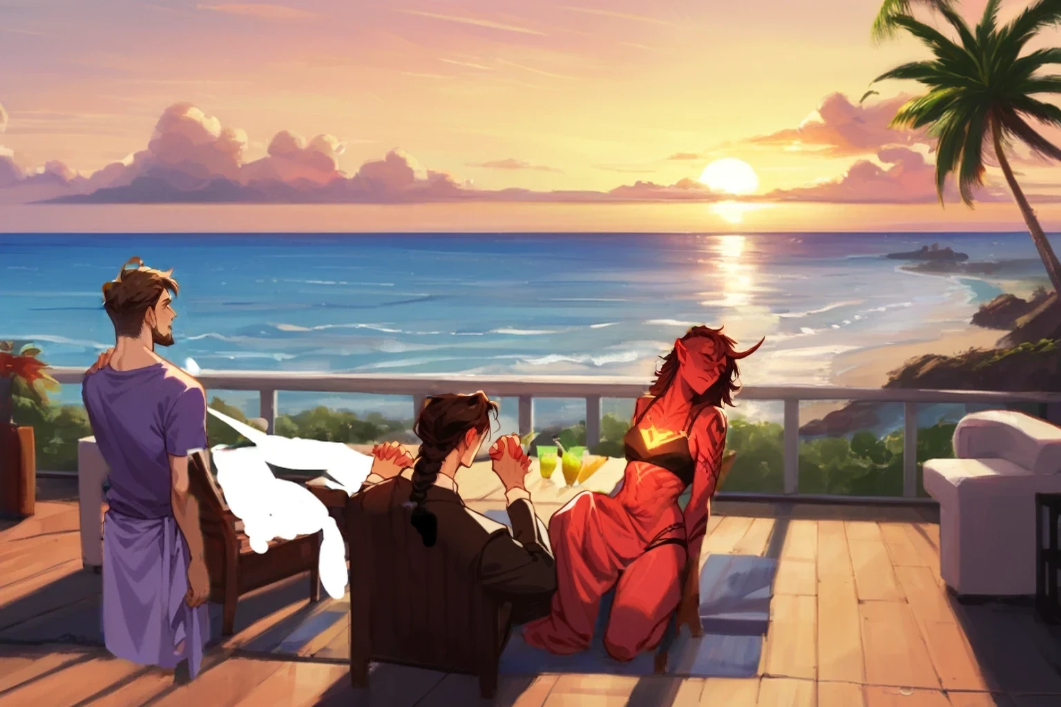 shadowheart, sitting, from behind, black hair, braid, elegant gray dress, holding hand