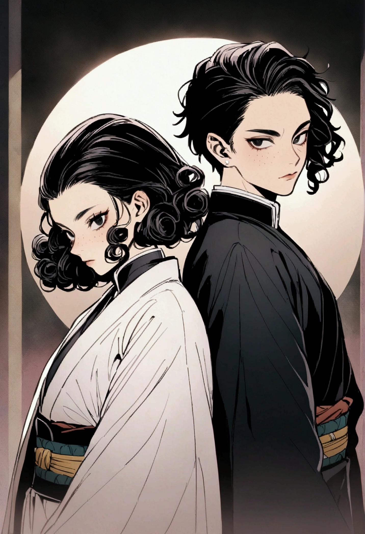 Demon slayer, feminine male with curly black hair and black eyes with freckles