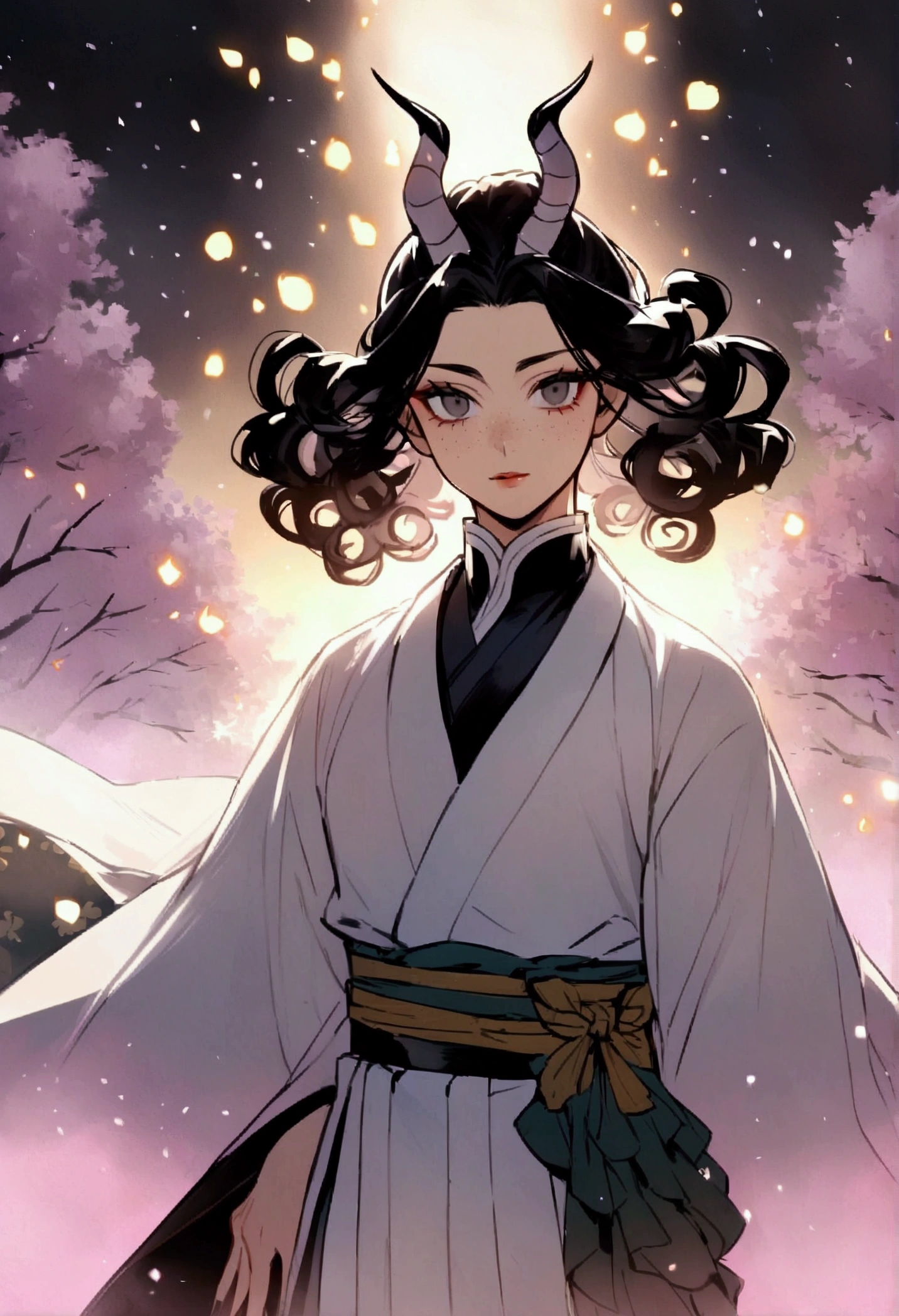Demon slayer, feminine male with curly black hair and black eyes with freckles