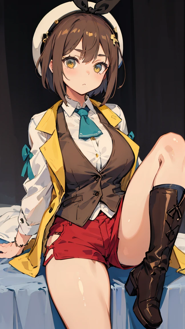 (Highest quality, 8K, masterpiece :1.3),Lizaリン・シュタウト(Lizaのアトリエ),Liza, One woman,Large Breasts,short hair,Brown Hair,hair band,Clothing,hat,White shirt,Yellow and white vest,Red shorts,Brown long boots,Full Nelson,Leg spread,nsfw,Thick body