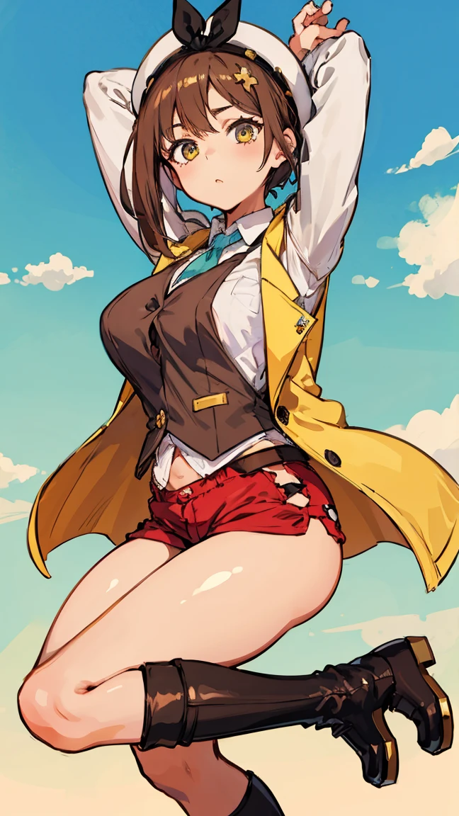 (Highest quality, 8K, masterpiece :1.3),Lizaリン・シュタウト(Lizaのアトリエ),Liza, One woman,Large Breasts,short hair,Brown Hair,hair band,Clothing,hat,White shirt,Yellow and white vest,Red shorts,Brown long boots,Full Nelson,Leg spread,nsfw,Thick body