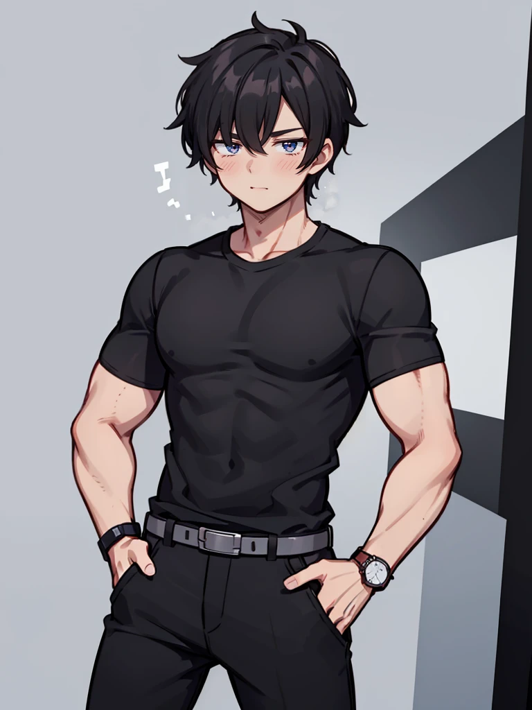 1 man, (((handsome))), cool, black hair, wear a black t-shirt, short sleeve, wear a watch, belt, black pant, hands on hip,standing, smile, friendly, muscular body