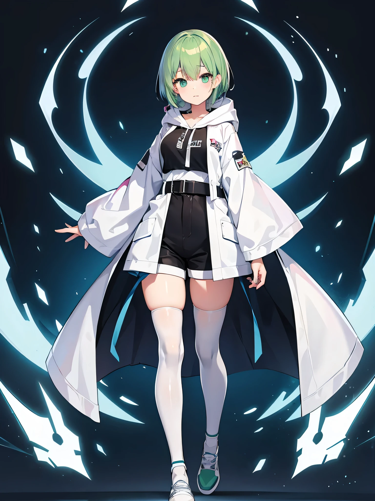 Masterpiece,High quality,(Full body 1.2),Animated standing portrait, black half pants and white hoodie,(green hair 1.4),Anime girl with short green hair and green eyes,(detailed eyes 1.6),(clear eyes 1.4),(beautiful eyes 1.4),(shining eyes 1.4),White cyan, green hair, detailed Key Animated Art, Animated Portrait, shining eyes, girl with blue hair, light blue hair, black half pants, white stockings, thighs, 4K