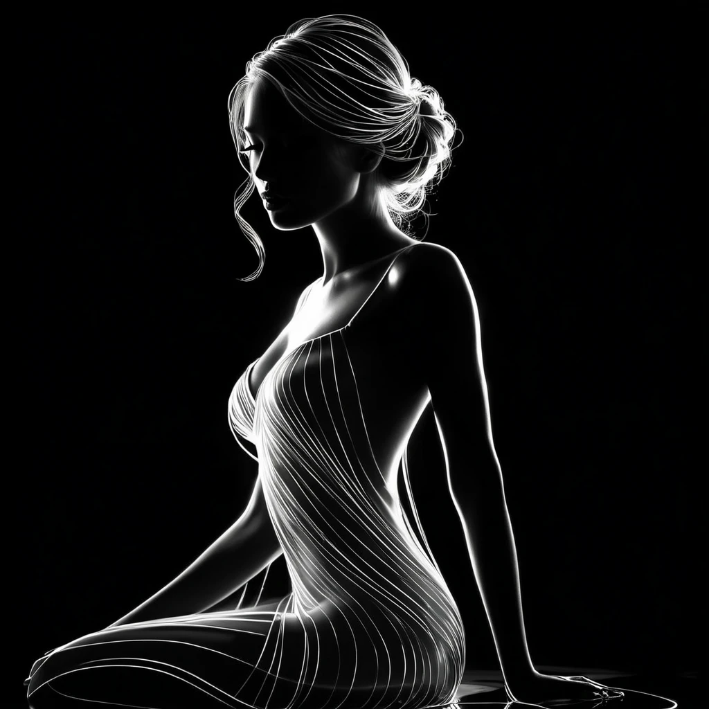 **Digital painting of the full-length silhouette of a beautiful and beautiful transparent glass model, reflecting the white ambient light, emphasis on her serene expression, faint white, soft shadows playing on her features, very intense and dark black background that contrasts and accentuates the crystal model's beautiful silhouette, detailed hair with discernible individual strands. Capturing light and texture, high resolution, ultra-realistic.**