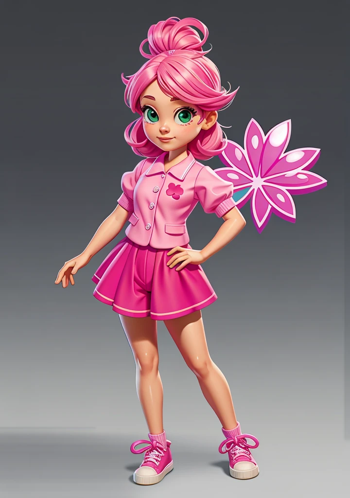 girl with a pink theme with elements that resemble a four-leaf clover, but with pink clothes, short clothes with a bra and.  panties
