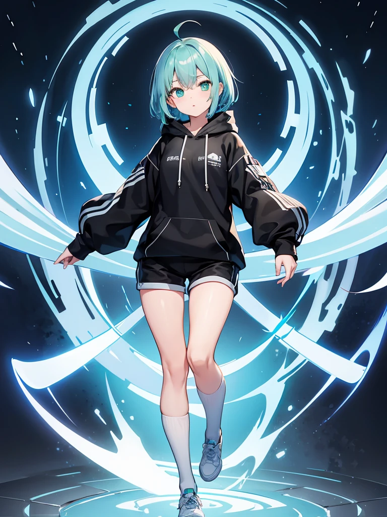 Masterpiece,High quality,(Full body 1.2),Animated standing portrait, black half pants and white hoodie,(green hair 1.4),Anime girl with short green hair and green eyes,(detailed eyes 1.6),(clear eyes 1.4),(beautiful eyes 1.4),(shining eyes 1.4),White cyan, green hair, detailed Key Animated Art, Animated Portrait, shining eyes, girl with blue hair, light blue hair, black half pants, white stockings, thighs, 4K