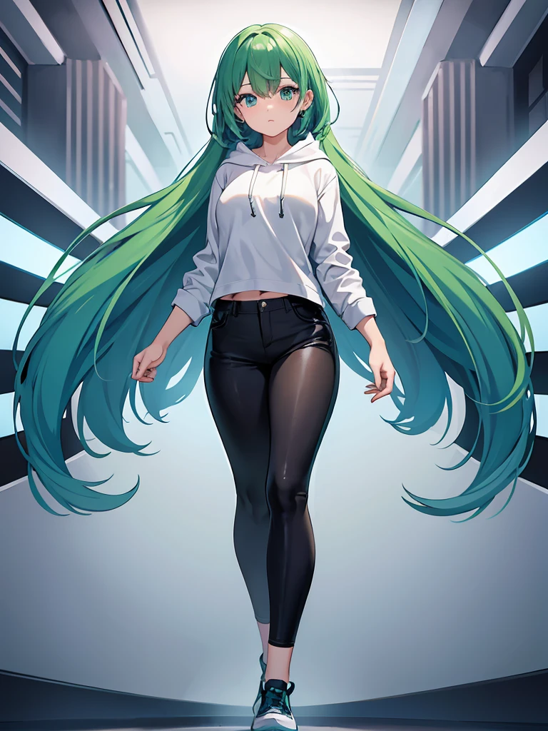 Masterpiece,High quality,(Full body 1.2),Animated standing portrait, black half pants and white hoodie,(green hair 1.4),Anime girl with short green hair and green eyes,(detailed eyes 1.6),(clear eyes 1.4),(beautiful eyes 1.4),(shining eyes 1.4),White cyan, green hair, detailed Key Animated Art, Animated Portrait, shining eyes, girl with blue hair, light blue hair, black half pants, white stockings, thighs, 4K