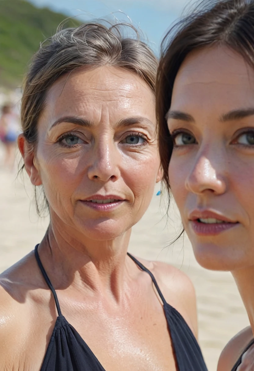 front view shot of two female 48-years-old British tourist interviewed by a woman news reporter. topless in a beach zoomed out half-body and face vacation photo. Photorealistic, 4k. looking at the camera, dslr, ultra quality, sharp focus, tack sharp, dof, film grain, Fujifilm XT3, crystal clear, 8K UHD, highly detailed glossy eyes, high detailed skin, skin pores