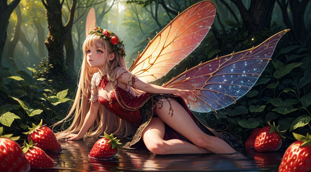 ( Absurd, High quality, ultra-detailed, masterpiece, concept art, smooth, highly detailed artwork, hyper-realistic painting ) , tiny , strawberry girl, Strawberries, cute, whole body, Romantic, Vivid, dreamy, fantasy, fairy wings, in the forest, enchanting glow, very detailed art, reveal clothes, sexy lace underwear