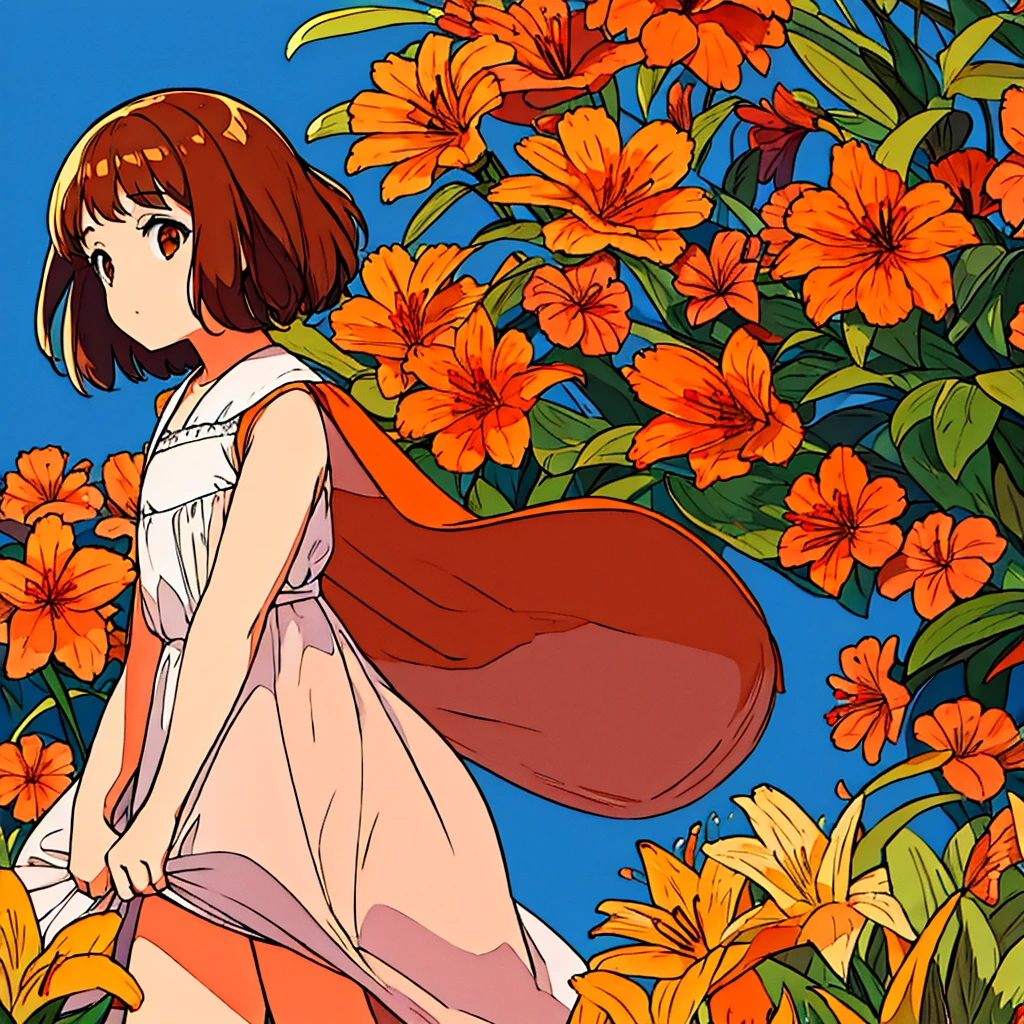 Orange plain background, lily flower, girl in white dress, brown hair, summer, nostalgic, simple