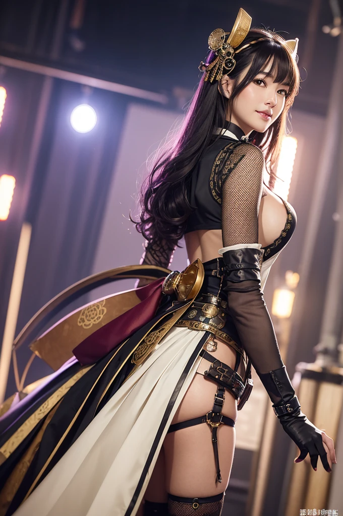 Woman portrait、Highest quality、Rear view、8K, clear, Fine skin、Clear, beautiful eyes、whole body、Curly Hair、My hair was messed up by the wind、The beauty of a smile、(Big Breasts、tall)、,(Hip_superior, Hip superior), Mature Woman,( Watching the audience),Realistic, High resolution, Soft Light,1 female, alone, Hipアップ, Glowing Skin, (Detailed face), Perfect Style, Perfect balance,Black hair,Long Hair,Fine Skin,((Steampunk kimono)),Steampunk style girl、Costumes decorated with lots of gear and watches,(Steampunk samurai,Steampunk dirndl,White and gold and pink, High-tech Mecha,wrist cuffs,A bow tie,white dress shirt,elbow gloves,Gemstone Helmet,Gemstone Belt,ascot,one piece,Steampunk bodystocking,High leg)、((arms behind back)),(bokeh),(studio lighting)