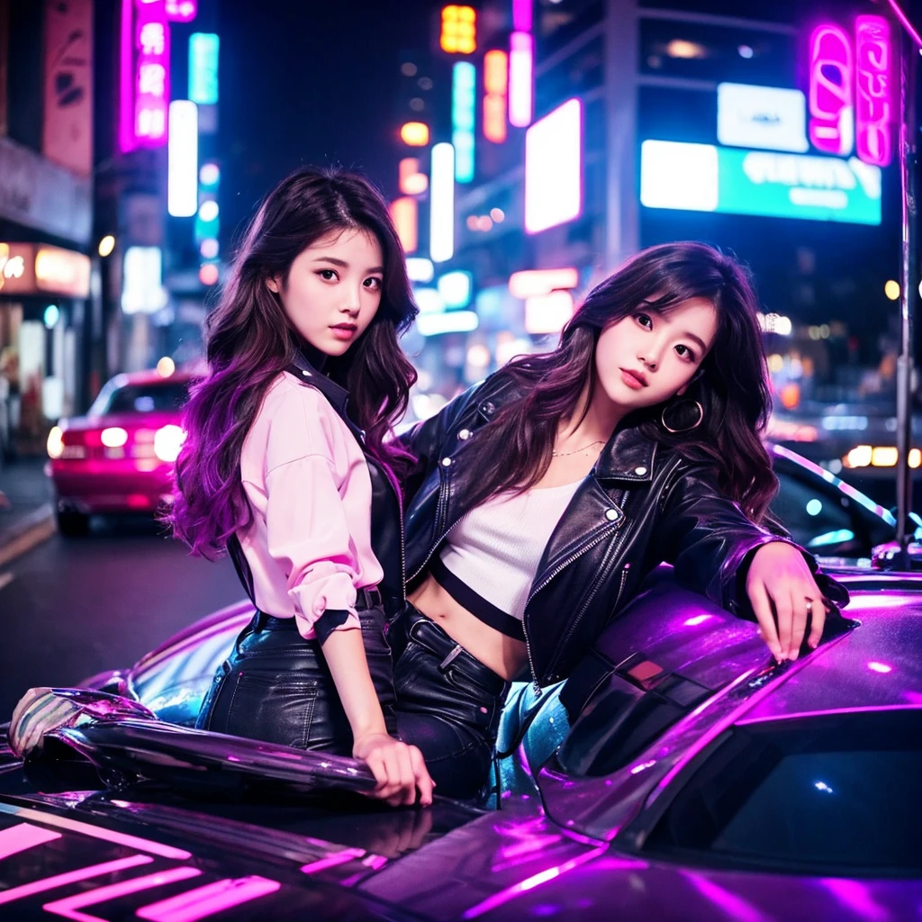 stunning Korean woman sitting on the car in a colorful and lively urban environment at night.
She wears a black leather jacket and black top, and has long wavy hair colored pink and white.
She's holding up a Japanese samurai.
The background of the image is a city street at night, with many blue, purple and pink neon lights illuminating the surrounding buildings.
There is a bokeh effect from these lights which makes the image look artistic and futuristic.
Crazy detalied.