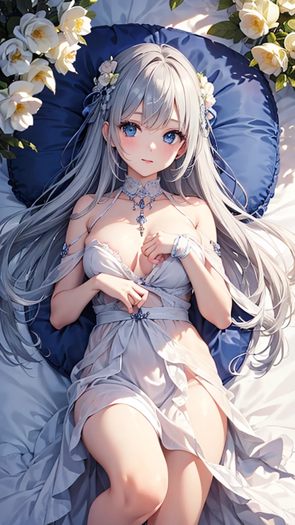 ((Highest quality)), ((masterpiece)), (detailed), (Perfect Face)、Naked Women、She has blue eyes and medium-length silver hair...。.