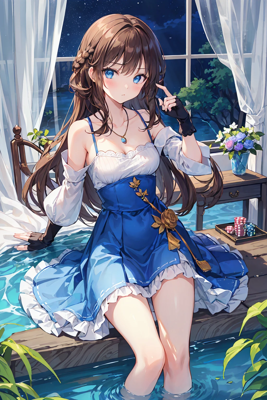 (Above image),Dynamic Angle,Very detailed, shape, close, straight, 1 Girl, (Fantasy:1.4), (blue eyes:1.233),Her eyes shone like dream-like stars,(Beautiful and delicate eyes:1.1),(Brown Hair:1.14),(Messy Hair,Very long hair,French Braid,Side Lock),(Chiffon dress，white)/=(uniform:1.24),(Do not use sleeves,(Fingerless gloves),necklace,(Micony high socks),High heel boots,(poker face),(Stubborn), (whiteい古い宮殿に位置する、Classic princess bedroom with dressing table and French windows),(whiteい花,bloom),(deep sea),(Flowing water),(Dull Blue World Tree:1.14),(Remaining),(night:1.2),dream-like, [[Thin fingers and hands:0.55]::0.85],(Finger details),(Soup Packet:0.5),Small breasts