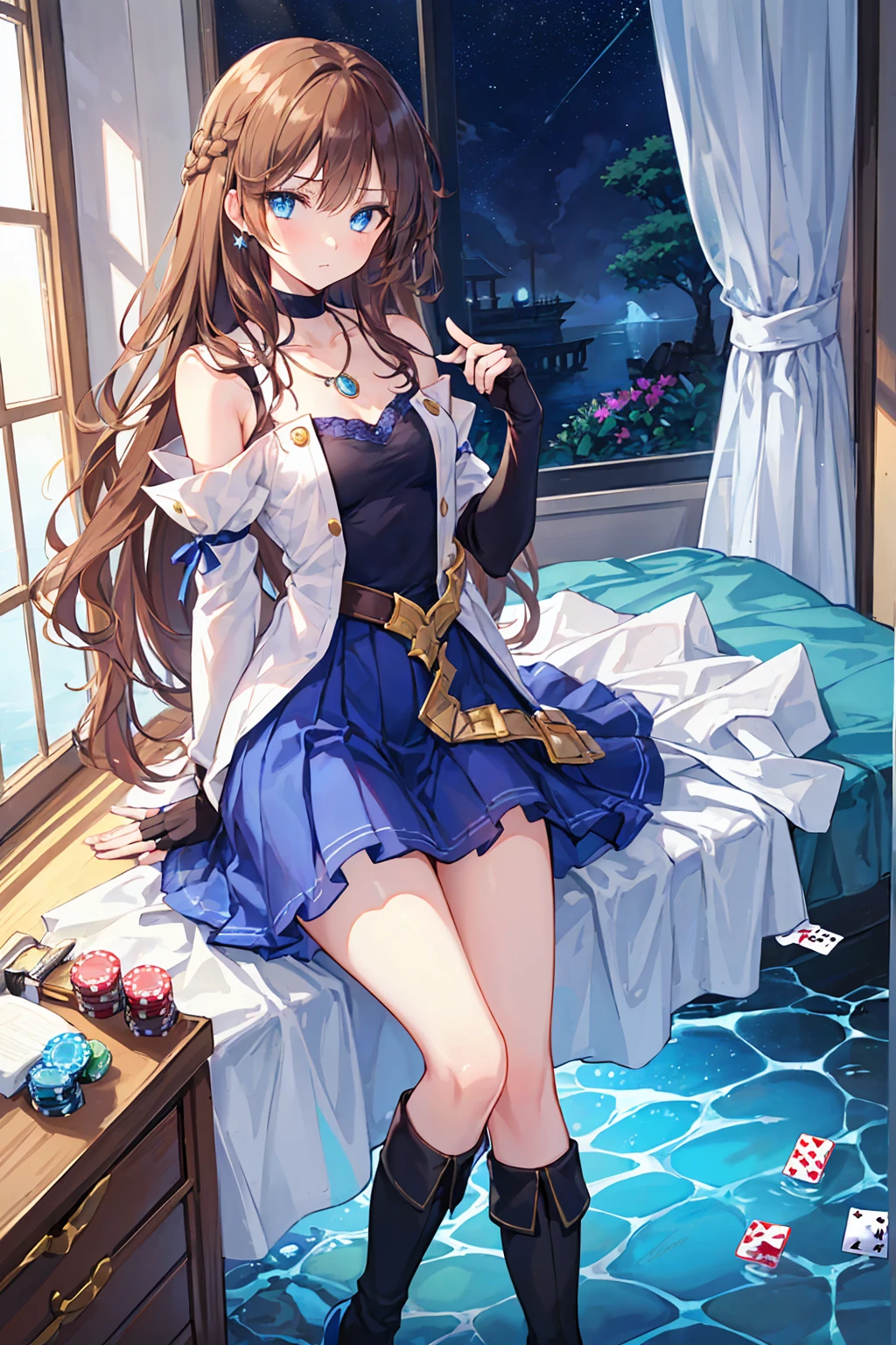 (Above image),Dynamic Angle,Very detailed, shape, close, straight, 1 Girl, (Fantasy:1.4), (blue eyes:1.233),Her eyes shone like dream-like stars,(Beautiful and delicate eyes:1.1),(Brown Hair:1.14),(Messy Hair,Very long hair,French Braid,Side Lock),(Chiffon dress，white)/=(uniform:1.24),(Do not use sleeves,(Fingerless gloves),necklace,(Micony high socks),High heel boots,(poker face),(Stubborn), (whiteい古い宮殿に位置する、Classic princess bedroom with dressing table and French windows),(whiteい花,bloom),(deep sea),(Flowing water),(Dull Blue World Tree:1.14),(Remaining),(night:1.2),dream-like, [[Thin fingers and hands:0.55]::0.85],(Finger details),(Soup Packet:0.5),Small breasts