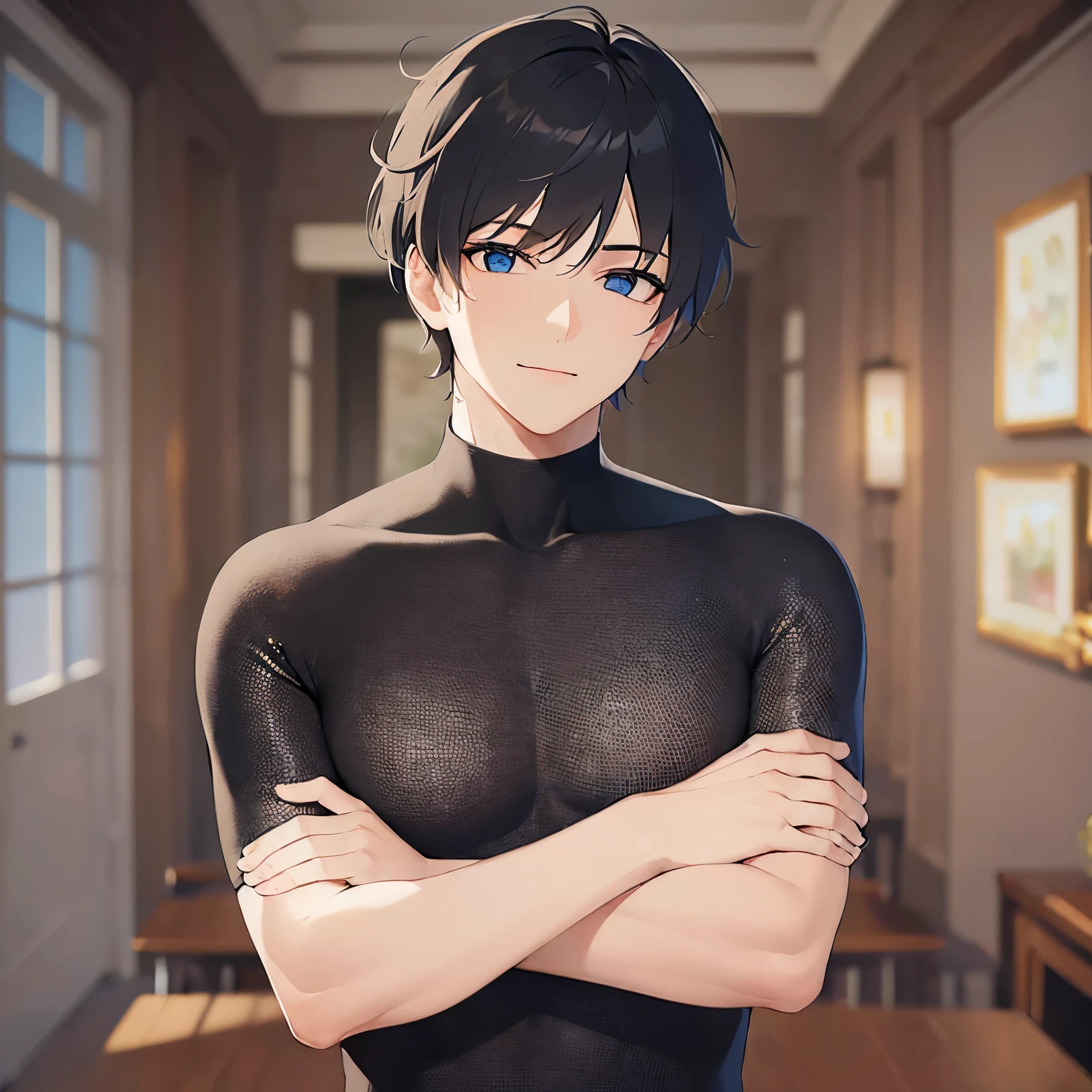 (25-year-old male:1.5) and (Black short hair) and (blue eyes)
(black:1.3) and (T-Shirts)(looking away:1.5),upper body、
shiny skin, masterpiece、Highest quality、Side shot
(The background is the dining room at night:1.5)、smile,(alone:1.5)、Arms crossed、Are standing