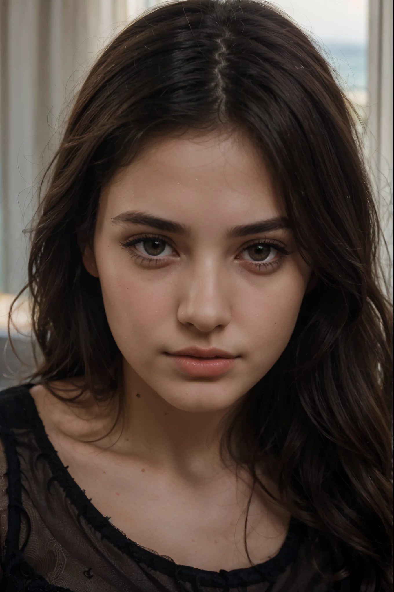 1 girl, Italian, innocent, realistic, 20 years, Darling, mysterious portrait, dark hair, expressive brown eyes, Long eyelashes, plump lips masterpiece, top quality, super detail, detailed light, detailed shadows, RAW, (Detailed skin), (real: 1.2), Sea, black dress