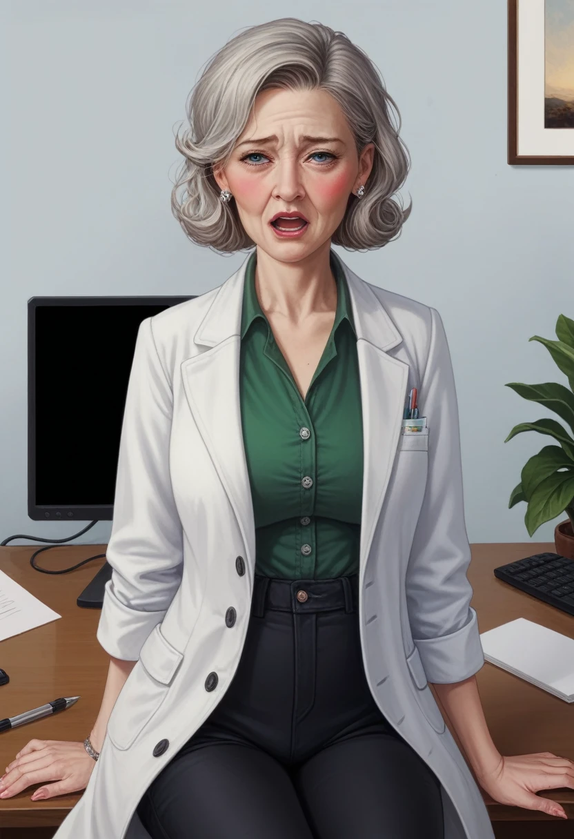 hyperrealistic art cinematic film still lower angle photography in the style of detailed hyperrealism photoshoot . (widehips) Extremely high-resolution details, photographic, realism pushed to extreme, fine texture, incredibly, elderly frail wrinkle woman, short gray hair, (lab coat with green blouse and black pants),sitting in office alone, blushing, ((headback_moaning_openmouth)