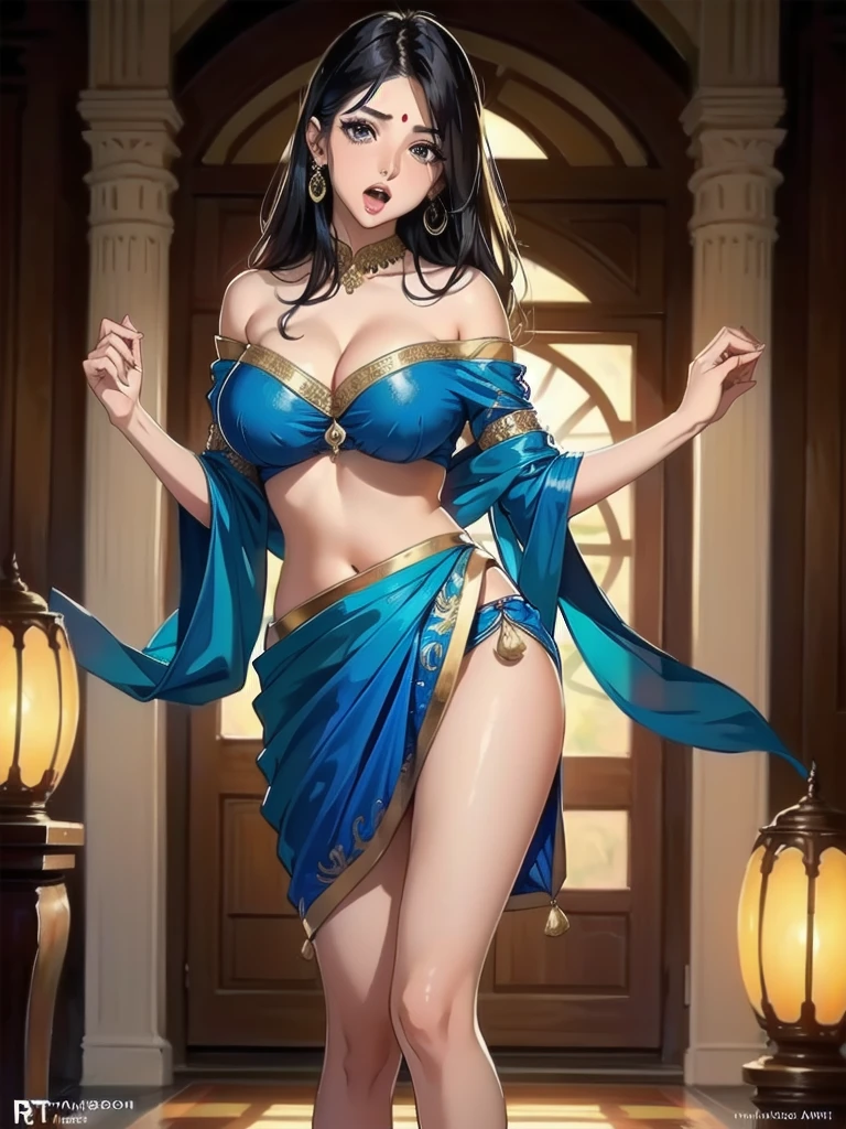 (absurderes, A high resolution, Ultra detailed, hdr), Masterpiece, Best quality, Indian  ,nami, extreme realistic very beautiful, animated style, full body shot, anime in a(((pink))) indian dress transparent (((saree))), head jewellery, necklace, earings, armlets, bangles and bracelets, rings, pleasant expression, natural beauty,night sky, vintage aesthetic,big breast,navel, cleavage ,standing ,open mouth,saliva,tongue out,face on front,drools,red lip,huge breast