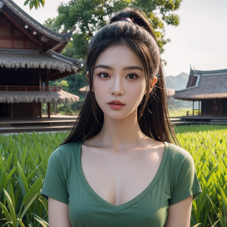 Head-on photo of Araffe woman wearing a dark green T-shirt., Looking straight at you intently, ponytail, Long hair floats up, Long-haired woman with a round face, Red cheeksแดงอมชมพู, black eyes ตาสองชั้น, black eyes, Thai anime, Has a large chest size of 38 inches., (digital painting, HDR, high contrast), (Highest quality),(Masterpiece:1.3),(sharp focus:1.2), glowing face, (Red cheeks:1.6:), outdoor, The background is a rice field., There is an old thatched Thai-style hut in the background., The evening sun shines, beautiful asian woman, Japanese goddess, beautiful female model, jaw-dropping beauty, Attractive face and body