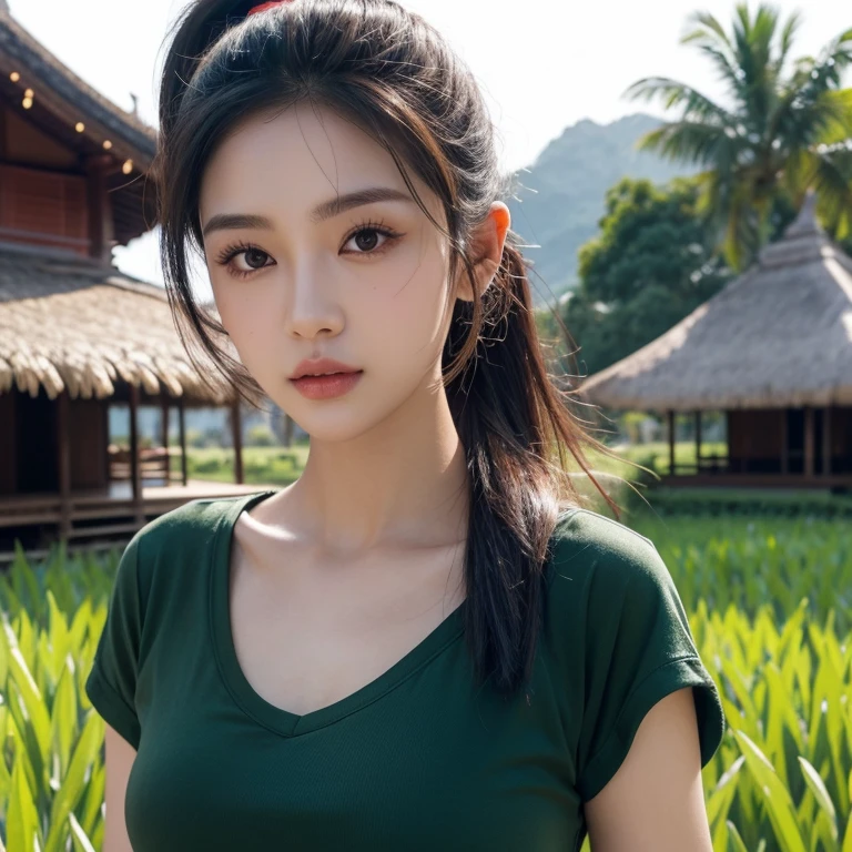 Head-on photo of Araffe woman wearing a dark green T-shirt., Looking straight at you intently, ponytail, Long hair floats up, Long-haired woman with a round face, Red cheeksแดงอมชมพู, black eyes ตาสองชั้น, black eyes, Thai anime, Has a large chest size of 38 inches., (digital painting, HDR, high contrast), (Highest quality),(Masterpiece:1.3),(sharp focus:1.2), glowing face, (Red cheeks:1.6:), outdoor, The background is a rice field., There is an old thatched Thai-style hut in the background., The evening sun shines, beautiful asian woman, Japanese goddess, beautiful female model, jaw-dropping beauty, Attractive face and body