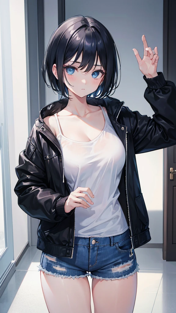 1girl, short black hair, blue eyes, wearing black jacket opened seeing , denim shorts, room, absurdres, high res, ultrasharp, 8K, masterpiece, looking at viewer