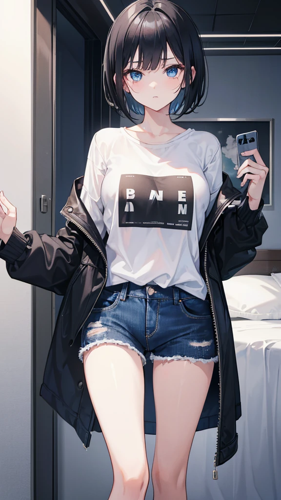 1girl, short black hair, blue eyes, wearing black jacket opened seeing , denim shorts, room, absurdres, high res, ultrasharp, 8K, masterpiece, looking at viewer