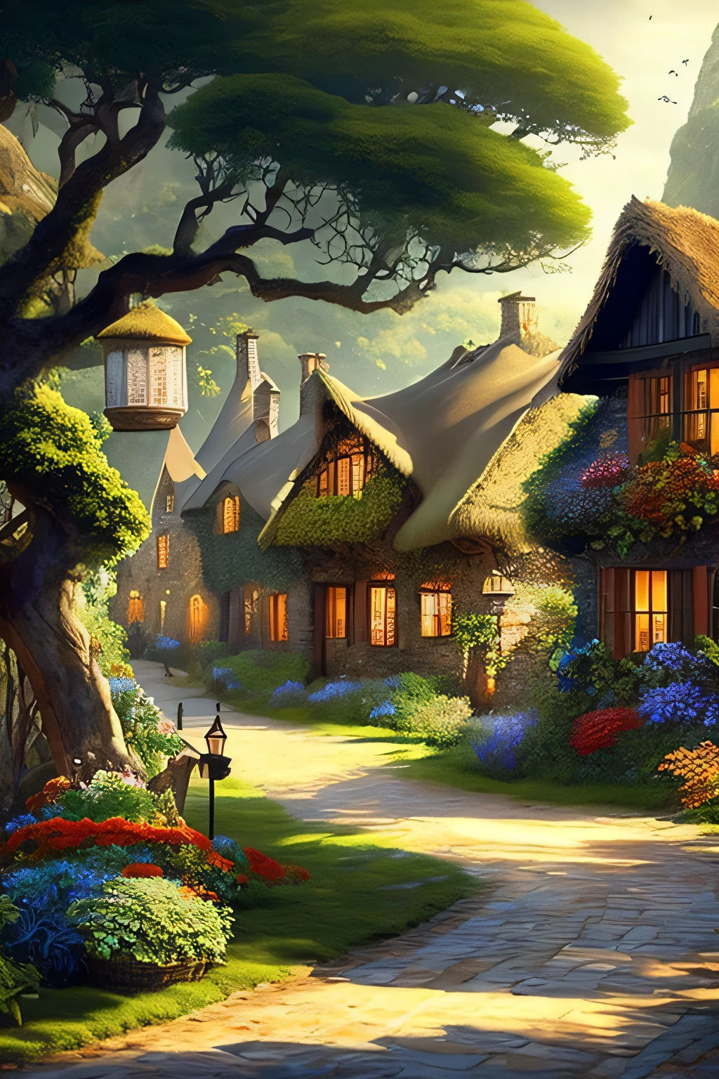 In an exquisite 8K resolution, this image brings to life the enchanting village of Ardenwood, nestled within a verdant, vibrant valley. Ancient oaks, boasting rich, textured bark and sprawling canopies of emerald leaves, stand tall like guardians over the landscape. Winding brooks meander through the village, their waters sparkling with clarity, adding a touch of life to the serene tableau. Charming thatched-roof houses adorned with colorful flower boxes dot the terrain, each displaying a unique charm that speaks of a bygone era. The cobblestone streets weave intricately, inviting exploration, while vill