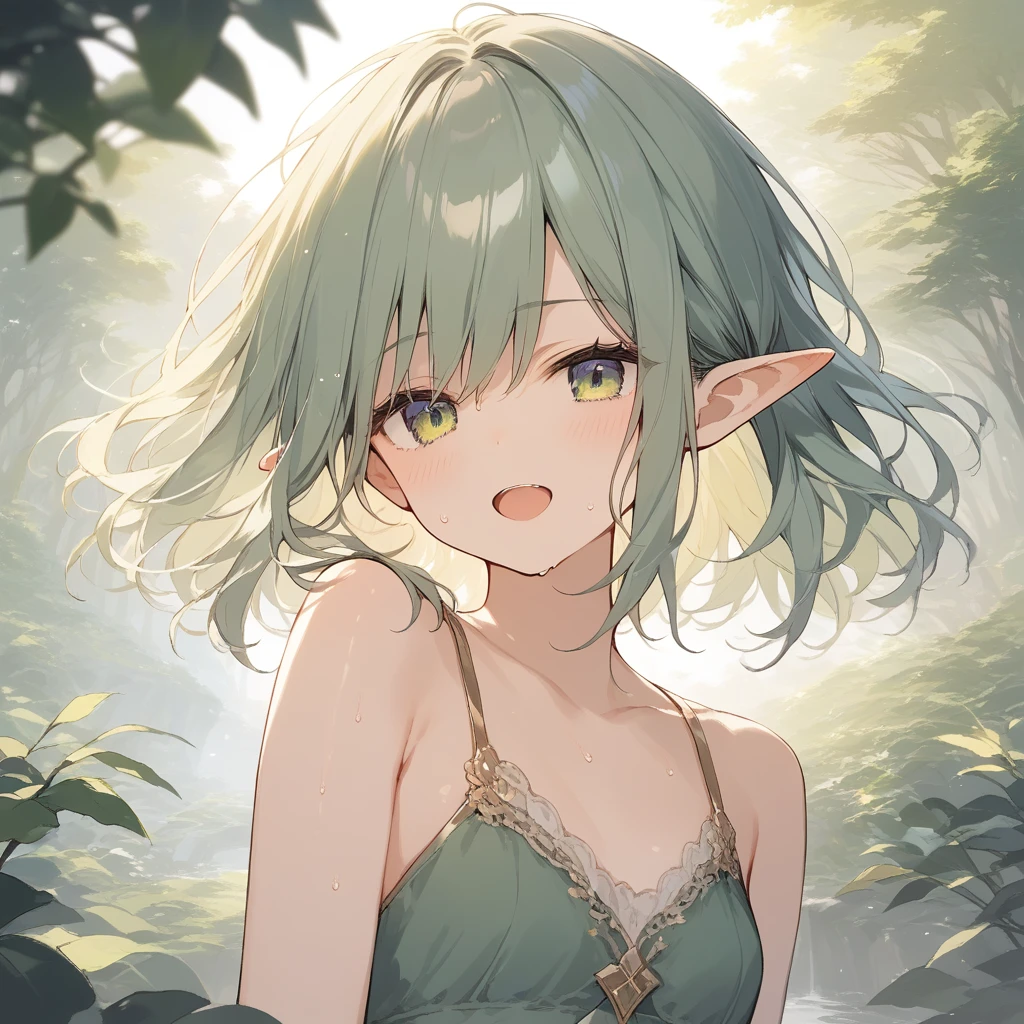 score_9, score_8_up, score_7_up, source_anime, best quality, masterpiece, official art, absurdres, highres, ultra-detailed,waifu2x,Collection: Slice of Life,break,1girl, elf, short hair, slender, androgynous, small breasts, beautiful detailed eyes, green shorts, sweat, open mouth, sleepily, outdoors, forest, spring,break,(clear line illustration:1.2), super detailed skin,very high resolution, very aesthetic, Best sexual lighting powered by famous artist, 8k,cute picture,beauty illustration,photoshop_(medium),,(Detailed Lighting),best anime 8k konachan wallpaper, pixiv contest winner,