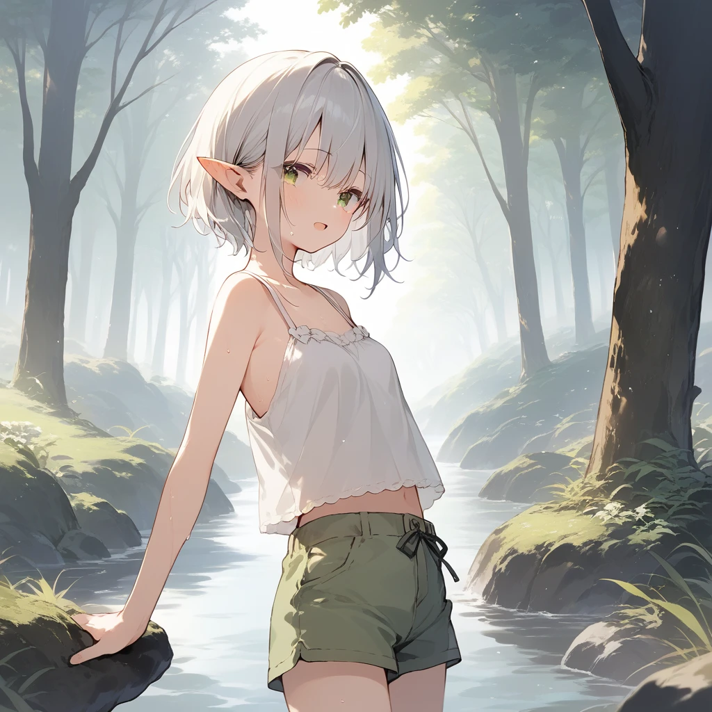 score_9, score_8_up, score_7_up, source_anime, best quality, masterpiece, official art, absurdres, highres, ultra-detailed,waifu2x,Collection: Slice of Life,break,1girl, elf, short hair, slender, androgynous, small breasts, beautiful detailed eyes, green shorts, sweat, open mouth, sleepily, outdoors, forest, spring,break,(clear line illustration:1.2), super detailed skin,very high resolution, very aesthetic, Best sexual lighting powered by famous artist, 8k,cute picture,beauty illustration,photoshop_(medium),,(Detailed Lighting),best anime 8k konachan wallpaper, pixiv contest winner, 