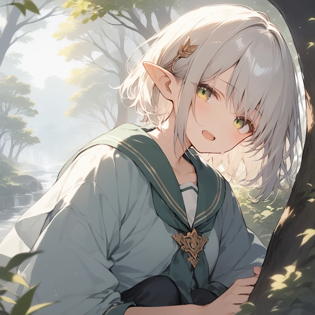 score_9, score_8_up, score_7_up, source_anime, best quality, masterpiece, official art, absurdres, highres, ultra-detailed,waifu2x,Collection: Slice of Life,break,1girl, elf, short hair, slender, androgynous, small breasts, beautiful detailed eyes, green shorts, sweat, open mouth, sleepily, outdoors, forest, spring,break,(clear line illustration:1.2), super detailed skin,very high resolution, very aesthetic, Best sexual lighting powered by famous artist, 8k,cute picture,beauty illustration,photoshop_(medium),,(Detailed Lighting),best anime 8k konachan wallpaper, pixiv contest winner,