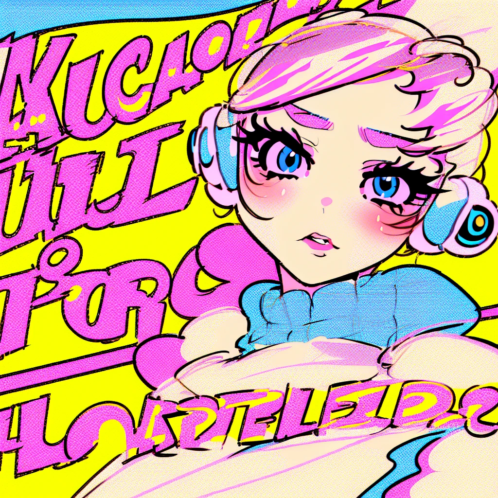 (masterpiece), Highest quality, One girl, Part your lips, Upper Body, bangs, Pastel background,((Dreams are cute)), Bodysuits,popart,Mixed Media,((Lichtenstein-style drawing)),(blue eyes,Wearing headphones)