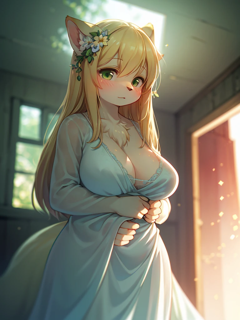 (Sumilux f1.4 75mm , low Latitude old color negative film , cross process , bokeh, flare, chromatic aberration , soft focus, (Shallow focus) , soft glow , Maximum aperture, High Key , Transparent depiction) , blond Mature female wolf , Voluptuous body , hide with hand , (freckles:0.7) , in the Abandoned house , (Spirit photography , sheet ghost:1.3) , (Holding two apart melons) , Tamponade , moist flower