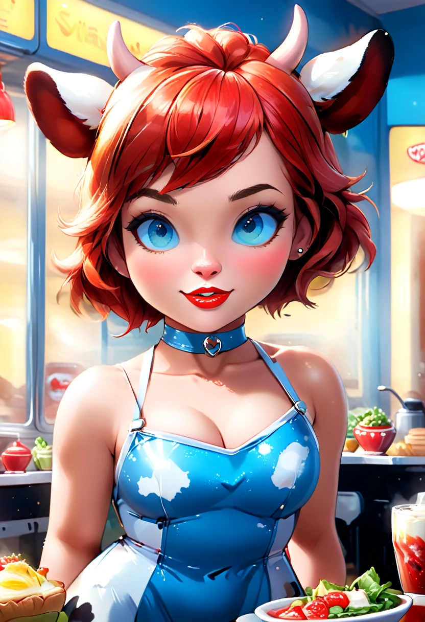 a 3D digital painting picture of extremely beautiful  (anthropomorphic cow:1.3) serving a big bowl of salad in American diner, an exquisite beautiful female (cow anthropomorphic:1.3), ultra feminine ultra detailed face, red hair, short hair, little fury, red lips, bull horns, blue eyes, wearing sexy white seductive latex dress, looking at a American  kitchen background,  dynamic angle, , award winning, best quality, high quality, high details, highres, vibrant, Ultra-high resolution, High Contrast, (masterpiece:1.5), highest quality, Best aesthetics, best details, best quality, highres, ultra wide angle, 16k, [ultra detailed], masterpiece, best quality,  photorealistic, 3D rendering, furry