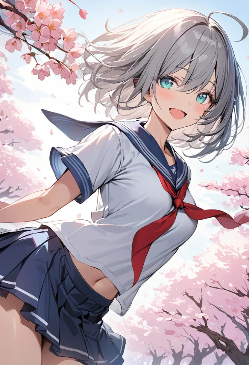 masterpiece, Highest quality, High resolution, One girl, alone, short hair, Gray Hair, Floating Hair, Ahoge, Hair between the eyes, Colored eyelashes, Aqua Eye, Seraphim, Sailor collar, Red neckerchief, shirt, Short sleeve, abdomen, Pleated skirt, Blue Skirt, Put your arms behind your back, smile, cherry blossoms, Open your mouth,