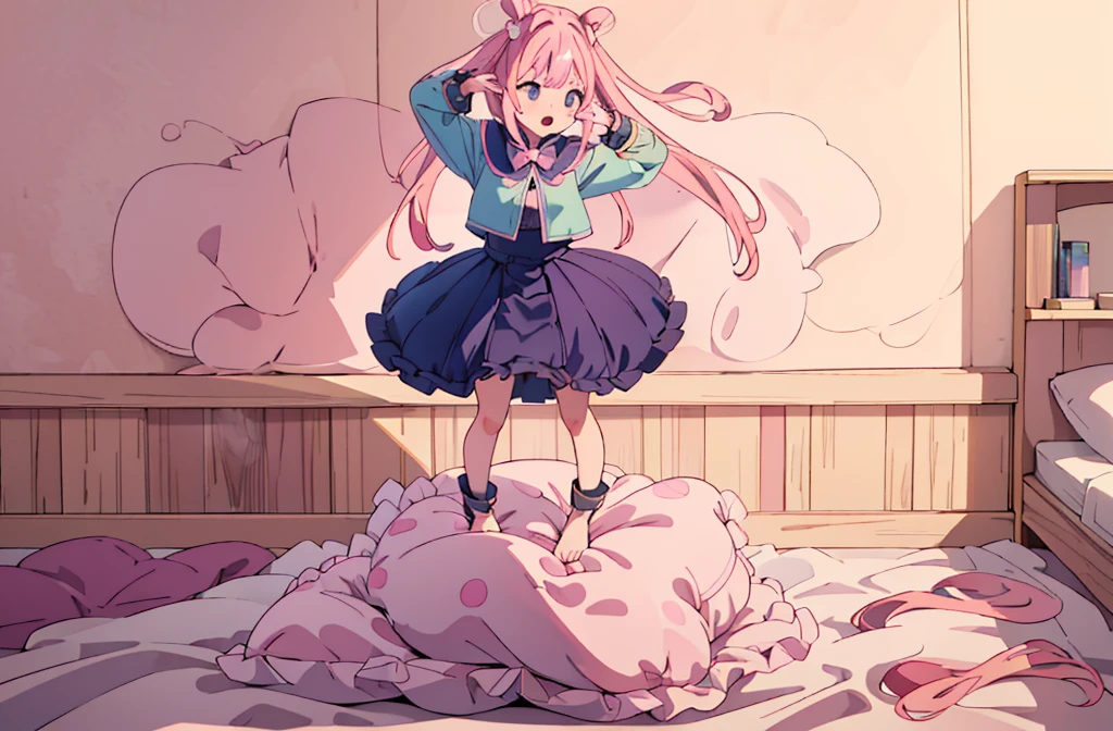 （best quality， masterpiece），full body, 1 girl, solo, mine ,nsfw, details, (Light and shadow oxtail , Cute girl posing on pillow ，steam, pillow humping，(pillow ride), masturbation,  pillow straddling, crotch rub, hump，open mouth , kneeling，（Steaming hot），（pillow), (((pink hair))), 