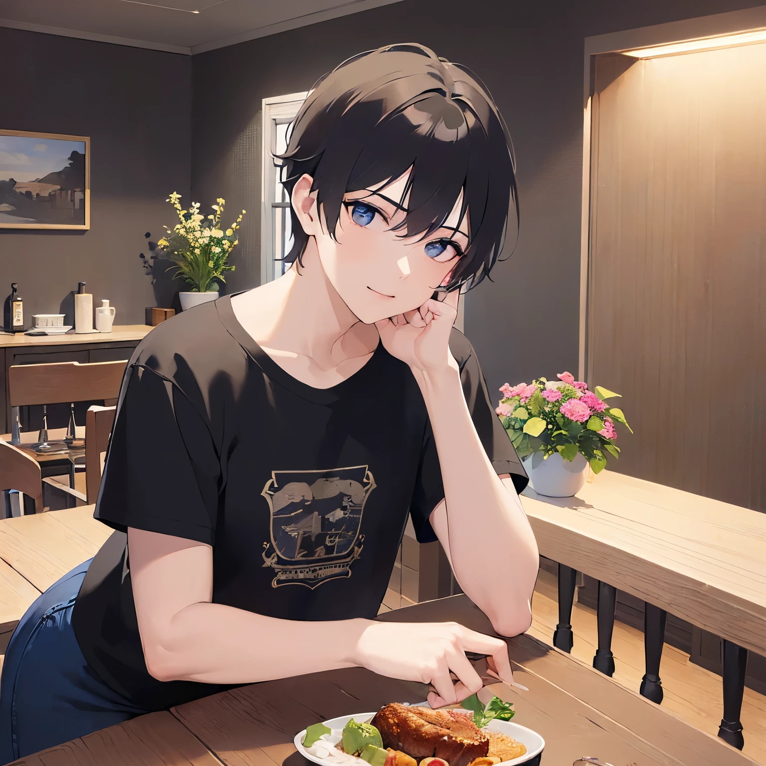 (25-year-old male:1.5) and (Black short hair) and (blue eyes)
(black:1.3) and (T-Shirts)(looking away:1.5),upper body、
shiny skin, masterpiece、Highest quality、Side shot
(The background is the dining room at night:1.5)、smile,（alone:1.5）、Arms crossed、Are standing