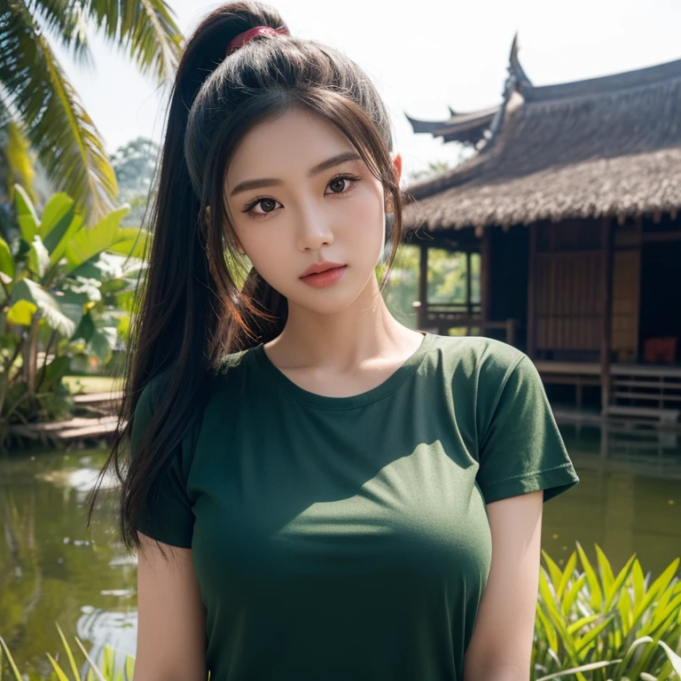 Head-on photo of Araffe woman wearing a dark green T-shirt., Looking straight at you intently, ponytail, Long hair floats up, Long-haired woman with a round face, Red cheeksแดงอมชมพู, black eyes ตาสองชั้น, black eyes, Thai anime, Has a large chest size of 38 inches., (digital painting, HDR, high contrast), (Highest quality),(Masterpiece:1.3),(sharp focus:1.22), glowing face, (Red cheeks:1.6:), outdoor, The background is a rice field., There is an old thatched Thai-style hut in the background., The evening sun shines, beautiful asian woman, Japanese goddess, beautiful female model, jaw-dropping beauty, Attractive face and body