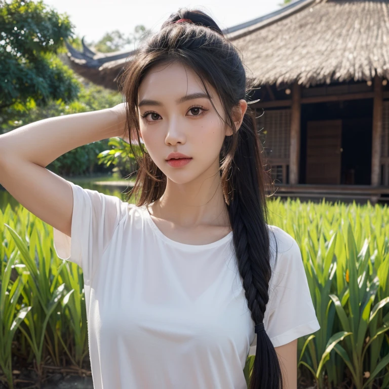 Head-on photo of Araffe woman wearing a dark green T-shirt., Looking straight at you intently, ponytail, Long hair floats up, Long-haired woman with a round face, Red cheeksแดงอมชมพู, black eyes ตาสองชั้น, black eyes, Thai anime, Has a large chest size of 38 inches., (digital painting, HDR, high contrast), (Highest quality),(Masterpiece:1.3),(sharp focus:1.22), glowing face, (Red cheeks:1.6:), outdoor, The background is a rice field., There is an old thatched Thai-style hut in the background., The evening sun shines, beautiful asian woman, Japanese goddess, beautiful female model, jaw-dropping beauty, Attractive face and body