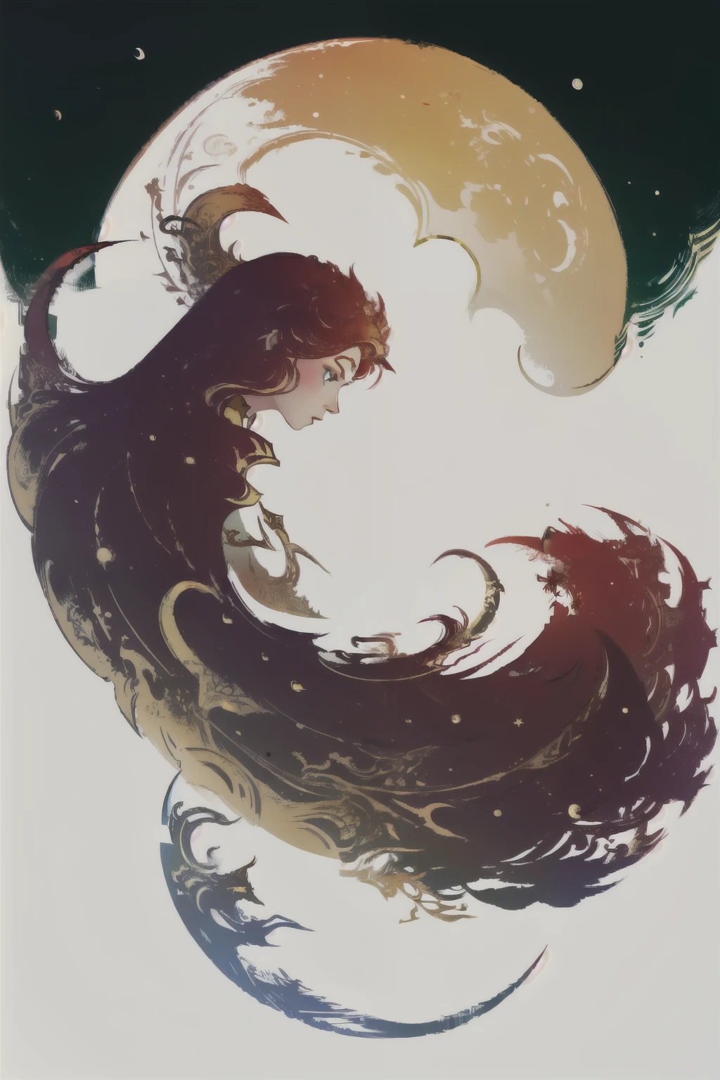 f logo, White background, simple coloring, Red and gold gradient, masterpiece, best quality, Intricate details, 1 Girl, Solitary, Crescent Moon,Girl and moon,Amazing women, Delicate, elegant, original, appropriate, spin magic, Green Eyes, - - Side profile, whole body,