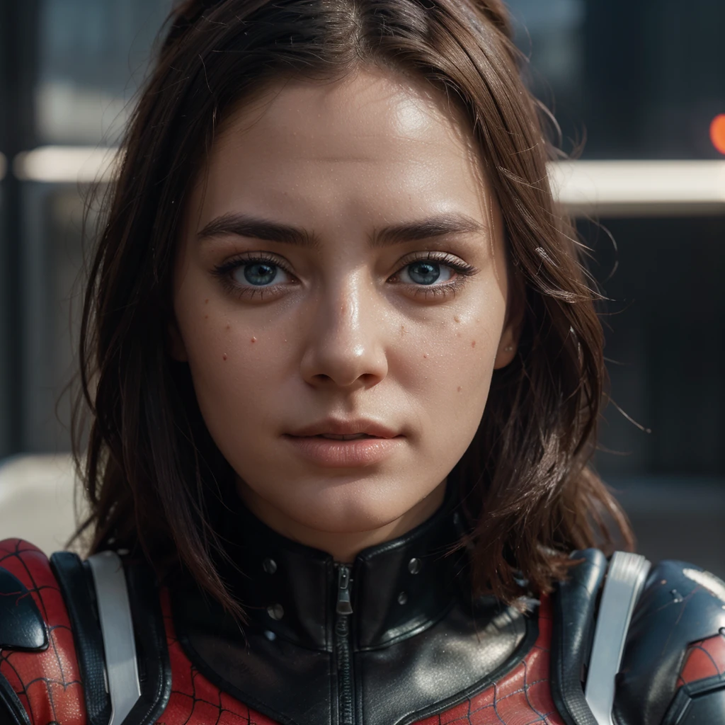 (1girl:1.3), Solo, (((Very detailed face)))), ((Very detailed eyes and face)))), Beautiful detail eyes, Body parts__, Official art, Unified 8k wallpaper, Super detailed, beautiful and beautiful, beautiful, masterpiece, best quality, original, masterpiece, super fine photo, best quality, super high resolution, realistic realism, sunlight, full body portrait, amazing beauty, dynamic pose, delicate face, vibrant eyes, (from the front), She wears Spider-Man suit, red and black color scheme, spider, very detailed city roof background, rooftop, overlooking the city, detailed face, detailed complex busy background, messy, gorgeous, milky white, highly detailed skin, realistic skin details, visible pores, clear focus, volumetric fog, 8k uhd, DSLR, high quality, film grain, fair skin, photo realism, lomography, futuristic dystopian megalopolis, translucent
